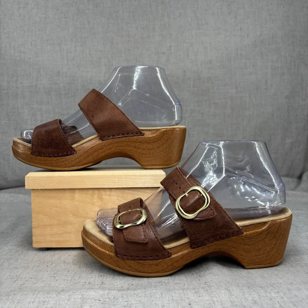 Dansko Sophie Brown Leather Dual Strap Buckle Wedge Slide Sandals Eu Size 37